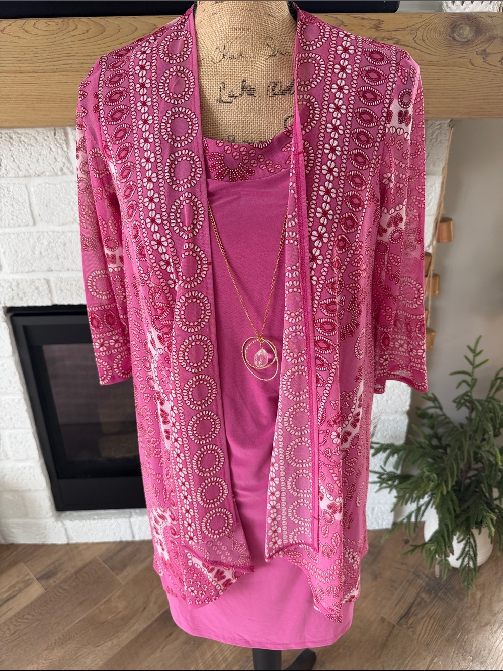 R&M Richards Hot Pink Two-Piece Midi Dress with Patterned Overlay